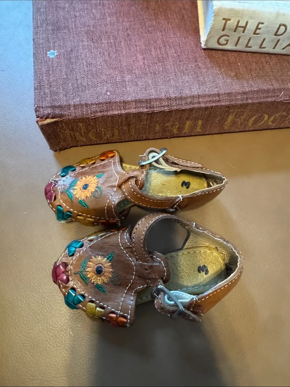 Vintage Brown Leather Kids Moccasins with Sunflower Embroidery